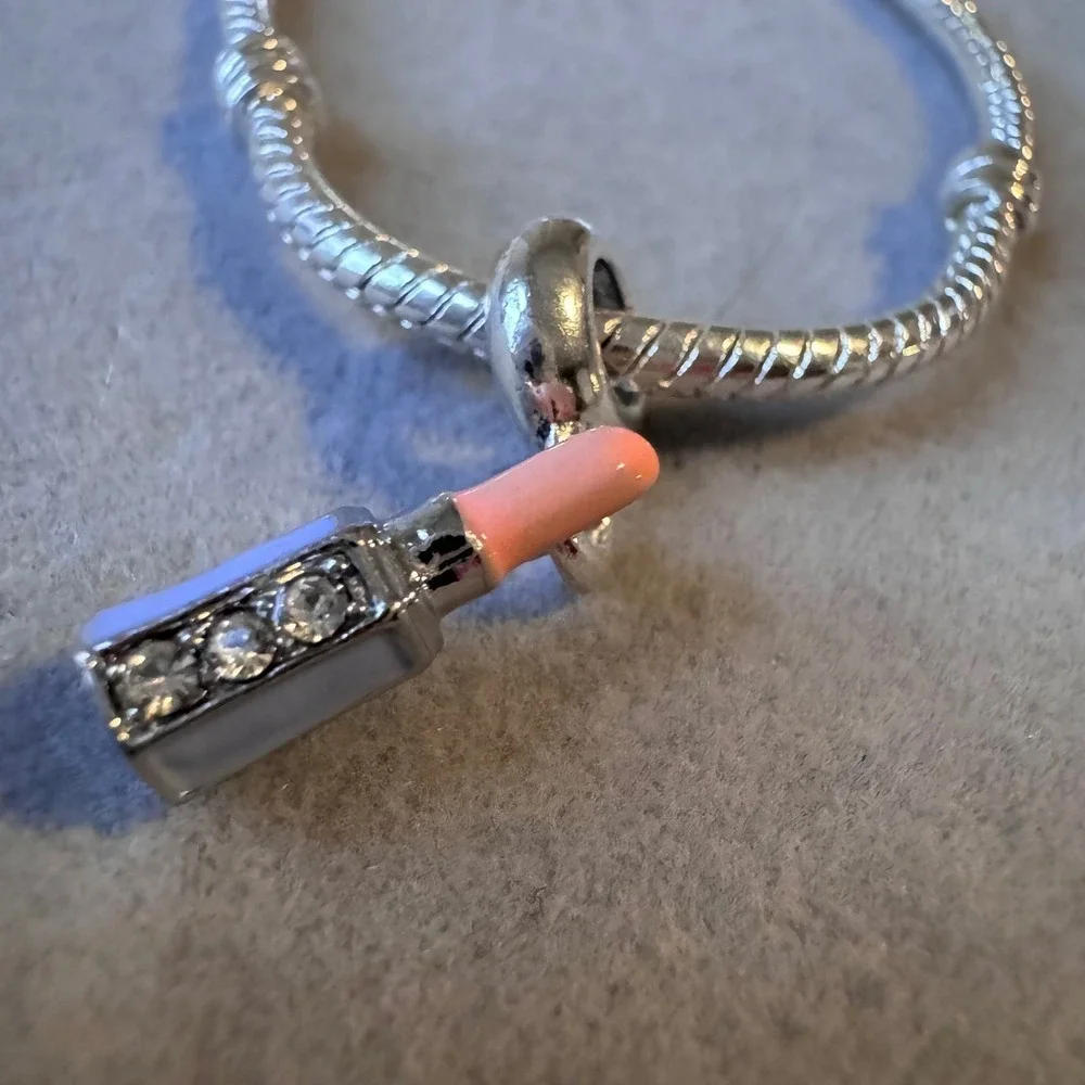 Lipstick Charm Bead Dangle Pink Blue Enamel Crystal Silver Tone Bracelet